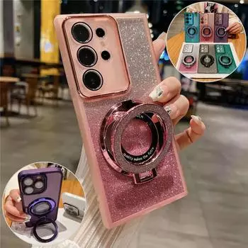 Блестящий магнитный держатель силиконовый чехол для Samsung S24 S23 S22 S21 Ultra Plus FE A53 A14 A54 A15 A55 iPhone 16 15 14 13 12 11 Pro Max Plus XSMAX XR 8 7 iPhone X/XS чёрный