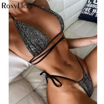 Блестящий мини-бикини с запахом, женские купальники, женский купальник, комплект из двух частей, купальный костюм для плавания S серебряный