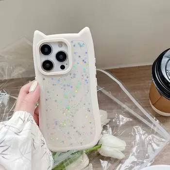 Блестящий мягкий силиконовый чехол для телефона с милыми кошачьими ушками для девочек для iPhone 11 12 13 14 15 Pro Max, противоударный жесткий акриловый бампер, задняя крышка For iphone 15plus слоновая кость