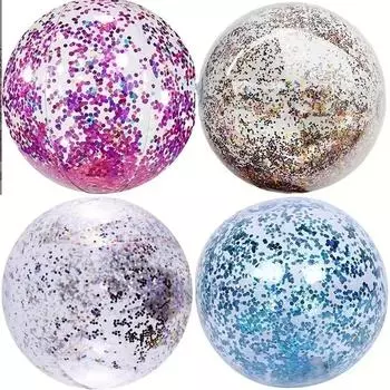Блестящий пляжный мяч, игрушка для плавания, мяч, разноцветные бумажные фрагменты, сверкающий надувной прозрачный пляжный мяч, бассейн, вода, пляж фиолетовый