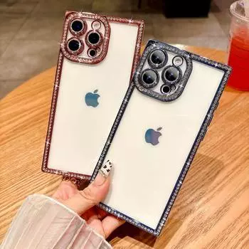 Блестящий прозрачный чехол для телефона TPU с бриллиантовой рамкой для iPhone 16 Pro 15 Pro Max 14 13, прозрачный противоударный мягкий бампер iPhone 16 розовый