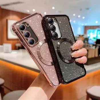 Чехол Sparkle Clear Color Magnetic Case для Samsung S25 S24 S23+ S22 Ultra Galaxy S21 Plus S20 Fe TPU Case с гальваническим покрытием для iPhone 15 14 12 Samsung S23 золотой