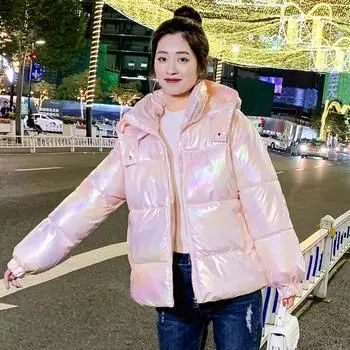 Блестящий пуховик для женщин, короткая новая зимняя красочная свободная куртка с капюшоном S жёлтый