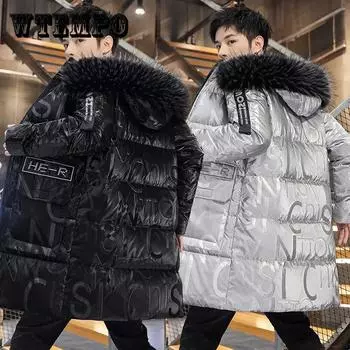 Блестящий пуховик, мужское шелковое пальто с хлопковой подкладкой, зимнее толстое теплое пуховое пальто, трендовый дизайн для молодежи 4XL чёрный