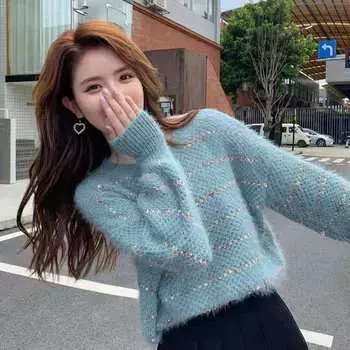 Блестящий шелковый свободный ленивый стиль верхняя одежда пуловер женский круглый вырез вязаный свитер S розовый