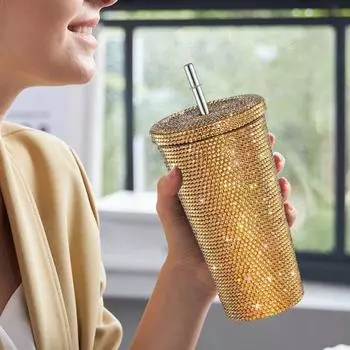 Блестящий стакан с кисточкой, стразами, заклепками, стакан из нержавеющей стали, термокружка, игристая термокружка, подарки на день рождения для мамы и жены 500ML золотистый
