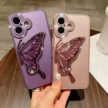 Блестящий стильный чехол для телефона Diamond Quicksand Butterfly для iPhone 16 Plus 15 14 13 12 Pro Max 11 противоударный Tpu Hybird Pc защитный чехол для объектива iPhone 16 светло-синий