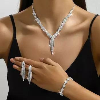 Блестящий свадебный комплект украшений со стразами, свадебный комплект украшений, ожерелье, серьги, браслет, набор для банкета Style A