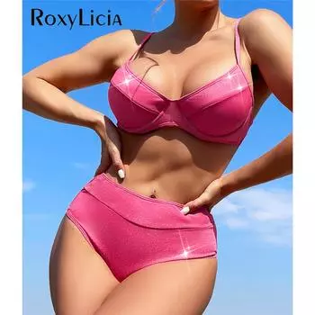 Блестящий сверкающий бикини на косточках, женский купальник с высокой талией, женский купальник, комплект бикини из двух предметов, купальный костюм, купальный костюм S розовый