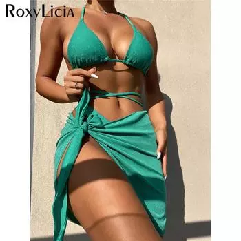 Блестящий сверкающий бикини с запахом, женский купальник, женский купальник, комплект бикини из трех частей, саронг, купальный костюм, купальный костюм S чёрный