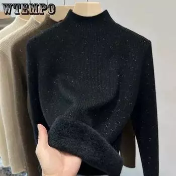 Блестящий сверкающий трикотаж, интегрированный бархатный утепленный женский свитер, тонкий вязаный пуловер с половиной высокого воротника, джемпер, осень-зима S 40-45kg чёрный