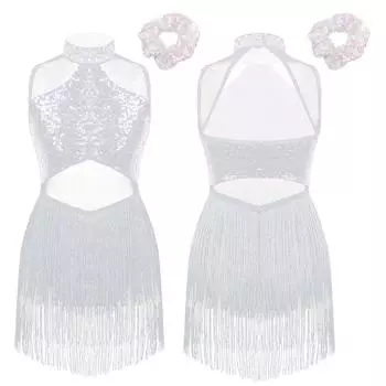 Блестящий танцевальный купальник для девочек со стразами, воротником, пайетками, сетчатым лоскутным подолом, кисточками и соответствующим аксессуаром для волос 5-6 Years чёрный