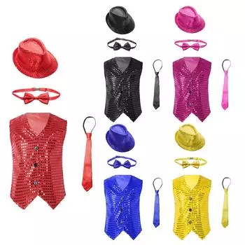 Блестящий танцевальный жилет для мальчиков, без рукавов, с V-образным вырезом, на пуговицах, с блестками, в комплекте со шляпой и галстуком-бабочкой для выступлений на джазовой сцене 12-18Months золотой