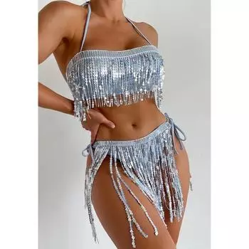 Блестящий топ-труба купальник женский европейский и американский бикини сексуальный купальник-бикини S светло-синий