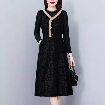 Блестящий вельветовый поддельный комплект из двух предметов, женская одежда большого размера, платье с длинными рукавами, одежда для мам на осень и зиму, тоже широкий L чёрный