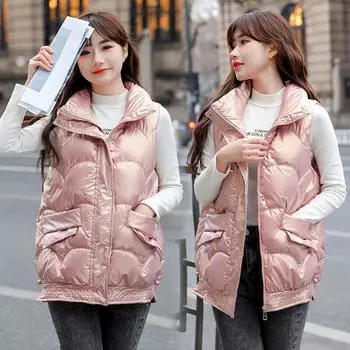 Блестящий жилет женский короткий новый осенне-зимний пуховый хлопок одежда женский жилет хлеб одежда жилет куртка женская S Below 50 kg хаки