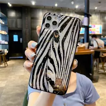 Блестящий золотой фольгированный силиконовый чехол для iPhone 16 15 14 13 12 11 Pro Max Plus с милым нарисованным цветком, зеброй, леопардом, собакой, листом For iPhone 11