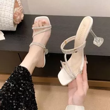 Bling Bling модный бренд высокие каблуки Женская обувь Женские милые босоножки 2 носка тапочки перекрещенные тонкие с прозрачными каблуками 35