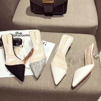 блестящие серебряные прозрачные тапочки женские странные хрустальные туфли на среднем каблуке летние туфли с острым носком прозрачные сандалии с узкой резинкой 5 бежевый