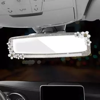 Bling Car Interior Зеркало заднего вида с маленьким цветком Авто HD Зеркало заднего вида Авто Алмазный стиль Автомобильные аксессуары для женщин белый