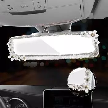 Bling Car Interior Зеркало заднего вида с маленьким цветком Авто HD Зеркало заднего вида Авто Алмазный стиль Автомобильные аксессуары для женщин белый