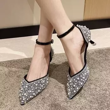 Блестящие хрустальные туфли на тонком каблуке, женские новые туфли с острым носком и ремешком на щиколотке, на высоком каблуке, женская модная обувь для свадебной вечеринки с жемчугом 39 бежевый