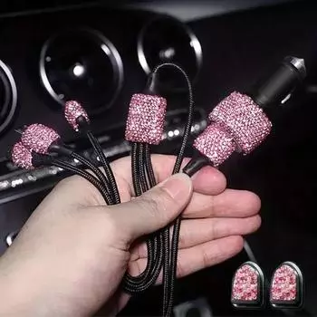 Bling Crystal USB Car Charger 5V 2.1A Dual Port Fast Adapter 3 in 1 Multi Charging Cable Car Hook Car Accessories Set for Women чёрный