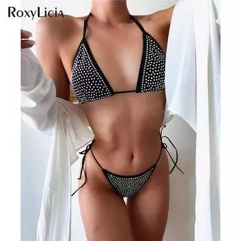 Bling горный хрусталь бикини женский купальник женский купальник из двух частей комплект бикини Холтер бразильский купальный костюм S чёрный