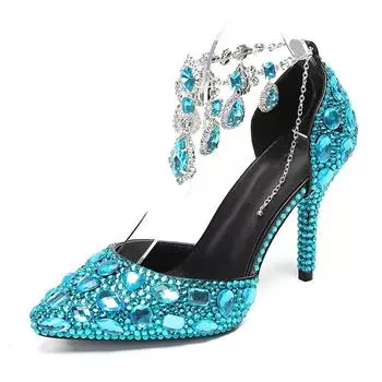 Bling Luxury Handmade Full Rhinestones Women Pumps Fashion Diamonds Crystal Pendant Banquet High heels Party Prom Wedding Shoes 35