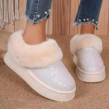 Bling Sequin Fur Snow Boots Women Fashion Faux Fur Warm Winter Ankle Boots Woman Soft Sole Non-Slip Plush Short Botas De Mujer 36 чёрный