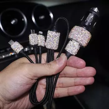 Автомобильное зарядное устройство Bling USB 5 В 2,1 А, двухпортовый быстрый адаптер с разъемом Type C Micro USB 3 в 1, многофункциональный зарядный кабель, автомобильные аксессуары для женщин