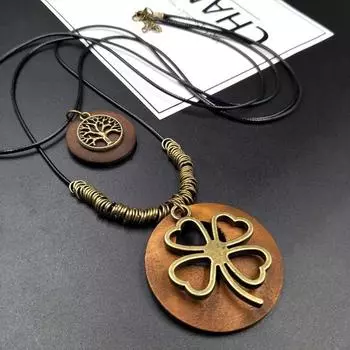 BLINGBAY женская подвеска, новинка, двухслойное ожерелье из деревянного сплава с четырьмя лепестками клевера, льняное ожерелье для одежды, свитер, цепочка для девочек, вечерние ювелирные изделия, подарки