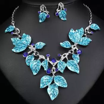 BLINGBAY Женский комплект украшений, ожерелье, серьги, элегантный женский великолепный очаровательный свадебный наряд, аксессуары, украшения из драгоценных камней в форме листа синий