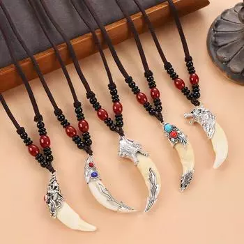 BLINGBAY женское ожерелье с подвеской, винтажное плетение, ожерелье в этническом стиле, длинная ниша, персонализированная подвеска с волчьим зубом, подвеска на свитер, цепочка, ювелирное изделие, подарок