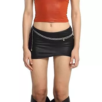 Blingcharm * Leather Low Waist Fashion Tape Asymmetric Casual Fashion Sexy Ultra Short Sheath Skirt Black | Black (without waist chain) 1 | S