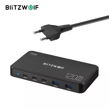 Blitzwolf BW-i100, 120 Вт, 5-портовое зарядное устройство USB PD, 2USB-A+3USB-C PD3.0 QC3.0 AFC FCP SCP PPS PE APPLE, быстрая зарядка