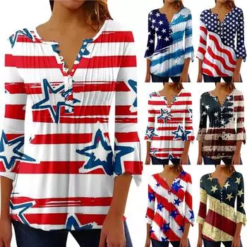 Блочная туника, топы для женщин, повседневная блузка с круглым вырезом и круглым вырезом на день независимости, плиссированная свободная рубашка-пуловер с рукавами 3/4 и пуговицами L синий