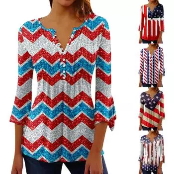Блочная туника, топы для женщин, повседневная блузка с круглым вырезом и круглым вырезом на день независимости, плиссированная свободная рубашка-пуловер с рукавами 3/4 и пуговицами L синий