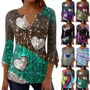 Блочная туника, топы для женщин, Повседневная блузка с круглым вырезом и принтом на пуговицах, плиссированная свободная рубашка-пуловер с рукавами 3/4 L чёрный