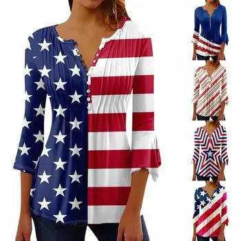 Блочная туника, топы для женщин, повседневная блузка с круглым вырезом и круглым вырезом на день независимости, плиссированная свободная рубашка-пуловер с рукавами 3/4 и пуговицами L синий