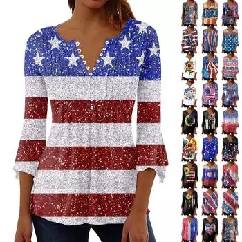 Блочная туника, топы для женщин, Повседневная блузка с круглым вырезом и принтом на пуговицах, плиссированная свободная рубашка-пуловер с рукавами 3/4 L чёрный