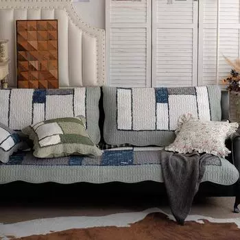 Блок Синий Весь Хлопок Стрейч Сшитая Ткань для Подушки Дивана Подушка Сиденья Всесезонная Универсальная Нескользящая Кожаное Полотенце для Дивана Средиземноморский 50*50cm