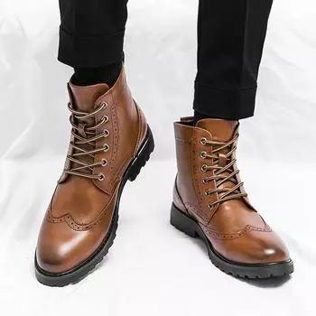 Block High Top Men Boots PU Carved Lace Up Low Heel Round Head Classic Business Formal Boots Comfortable Non Slip Men Boots 38