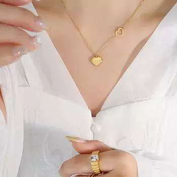 Blogger Jewelry Миниатюрное двойное персиковое сердечко Love ожерелье, титановая сталь с покрытием 18-каратное золото ключичная цепочка P221