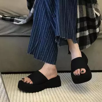 Blogger recommends! Slippers women wear seaside beach square open-toed slope heel thick bottom in summer 35