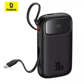 Блок питания Baseus QPow 2 с цифровым дисплеем, быстрой зарядкой и 2 встроенными кабелями Type-C, 20000 мАч, 30 Вт