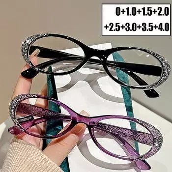 Блокировка синего света Готовые рецептурные очки для чтения Новые модные очки с овальной оправой и бриллиантами для дальнозоркости Пресбиопия до +4,0 0 чёрный