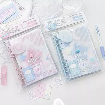 Блокнот на 96 листов/192 страницы, 6 папок с кольцами, Kawaii, модный журнал со звездами и сердечками, декоративный блокнот «сделай сам», студенческий дневник синий