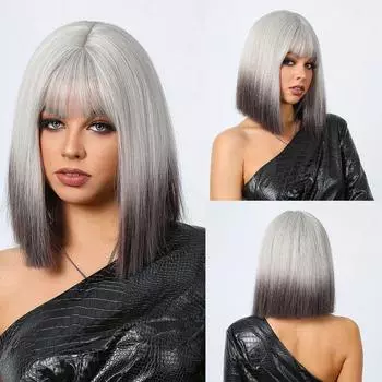 БЛОНДИНКА ЕДИНОРОГ короткие прямые парики белый серый парик боб с челкой натуральные женские искусственные волосы повседневные вечерние рождественские синтетические парики высокая температура