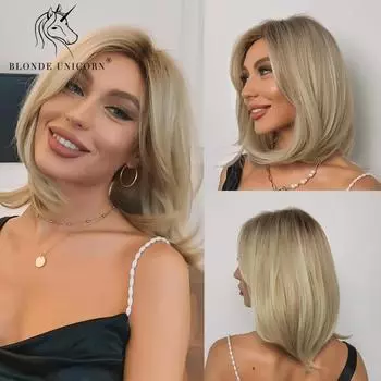 Блондинка Единорог Омбер Короткий Боб Парик Натуральные Блондинки Парики для Женщин Вечеринка Ежедневное Использование Термостойкие Волосы